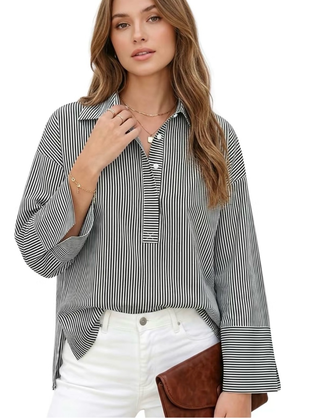 Striped Button Down Shirt XS Henley Black  White  Oversized Striped Top Blouse